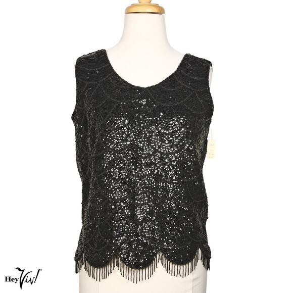 Vintage Black Sequin Bead Shell Top Scalloped Fringe Metal Zip B38 W36 - Hey Viv - Picture 1 of 10